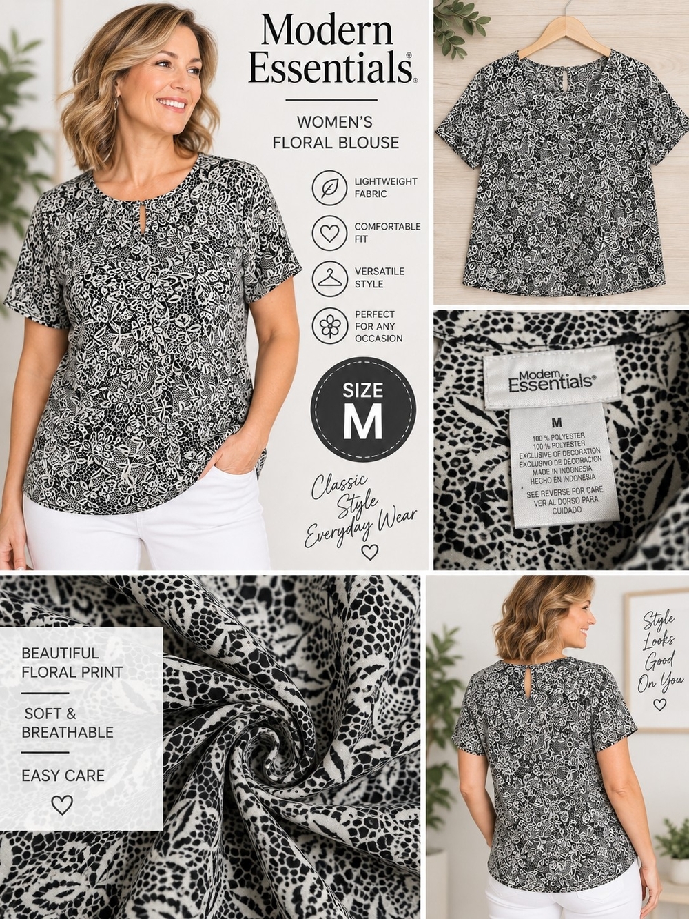 Modern essentials Women's medium black floral blouse #33